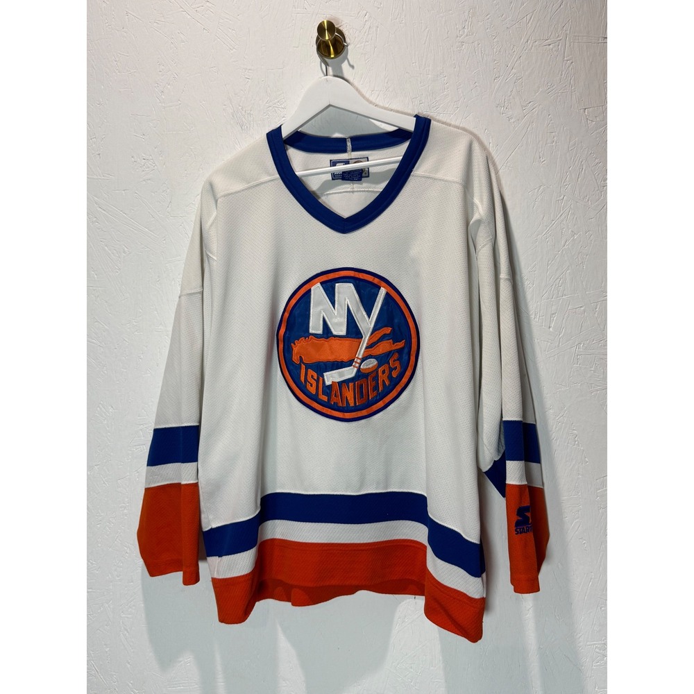 Vintage 1990s New York Islanders Starter NHL Hockey Jersey XL White Blue Orange